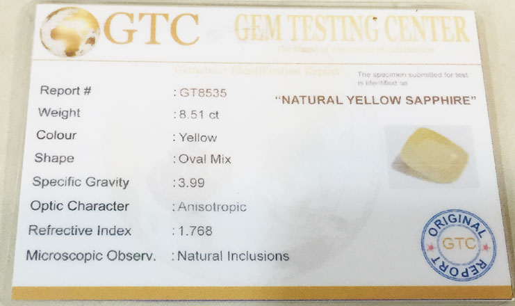 8.51 ct/9.50 ratti Natural Certified Ceylon Pukhraj/Yellow Sapphire
